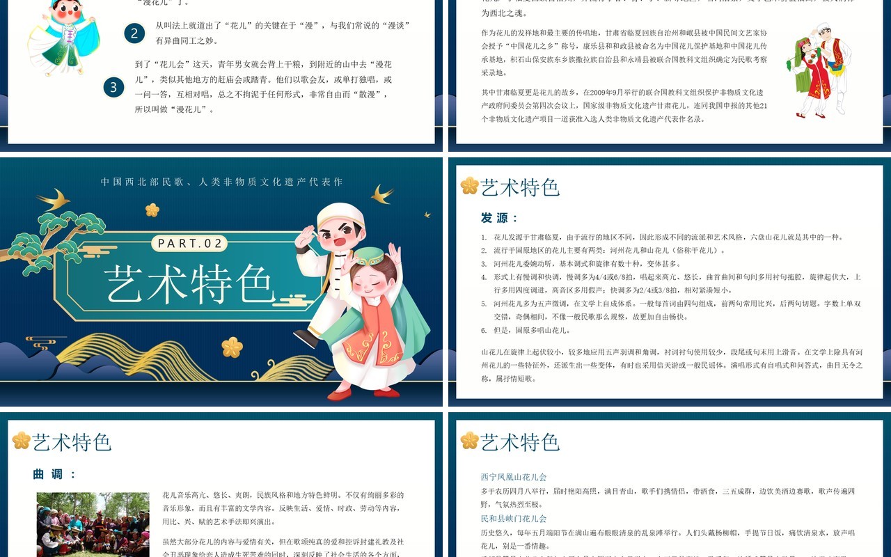 绿色国潮风非遗系列之花儿PPT模板