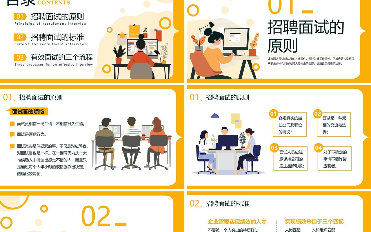 黄色扁平化招聘面试技巧培训PPT模板