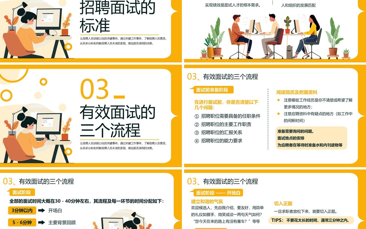 黄色扁平化招聘面试技巧培训PPT模板