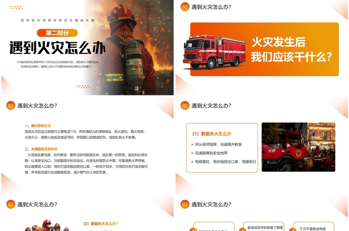 橙色简约风关注消防安全主题班会PPT模板