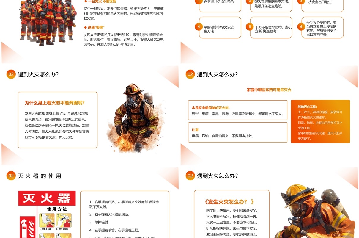 橙色简约风关注消防安全主题班会PPT模板