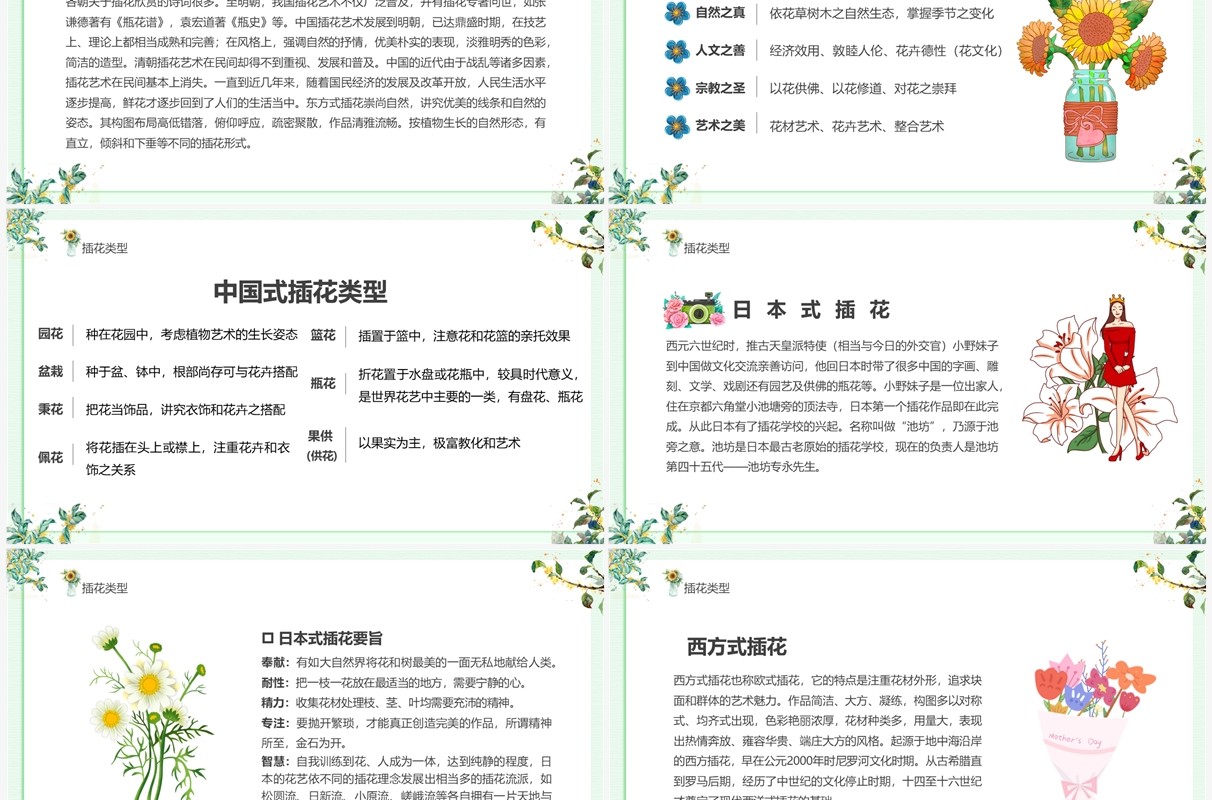 绿色清新风插花的艺术教育培训PPT模板