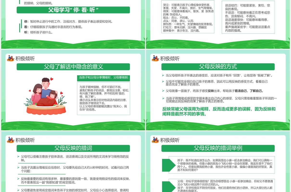 绿色卡通风亲子沟通技巧通用PPT模板