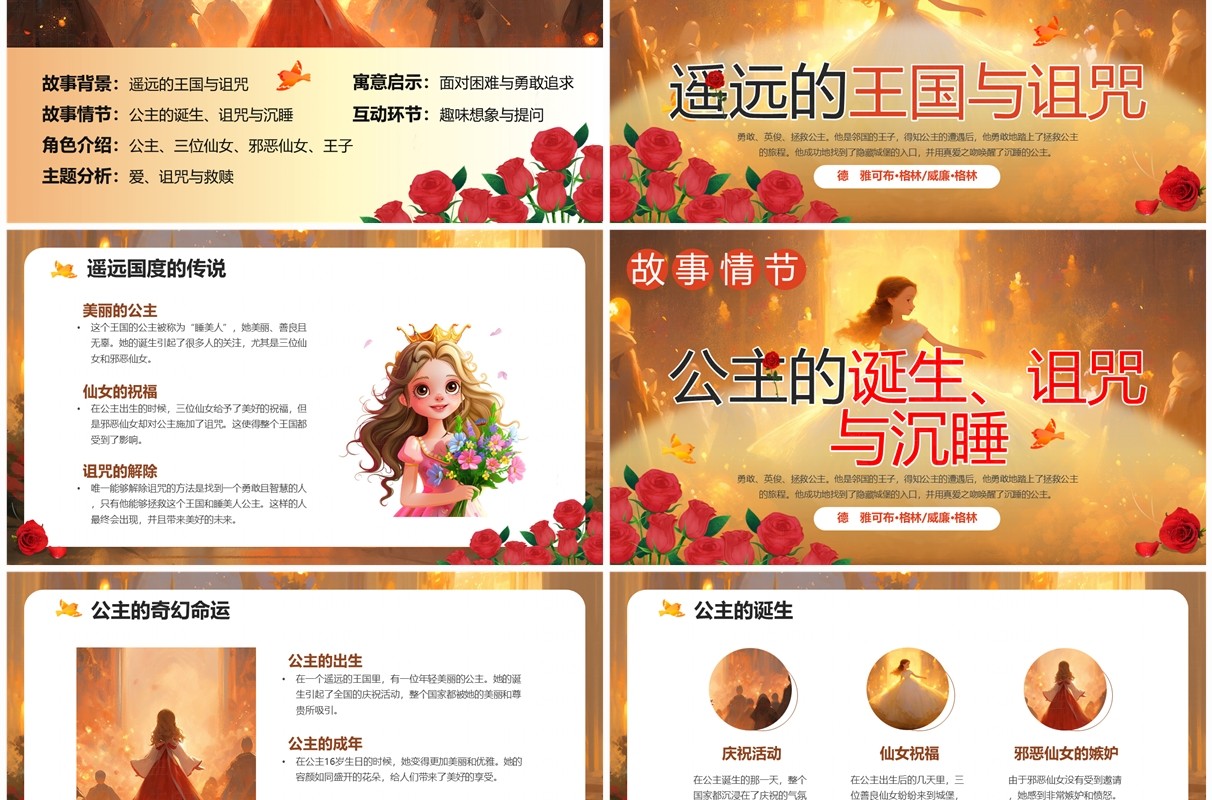 黄色卡通风格林童话睡美人PPT模板