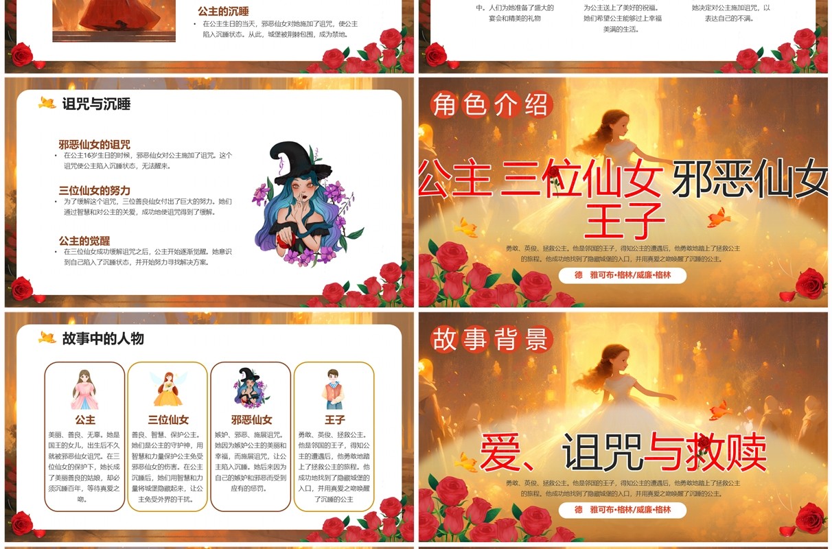 黄色卡通风格林童话睡美人PPT模板
