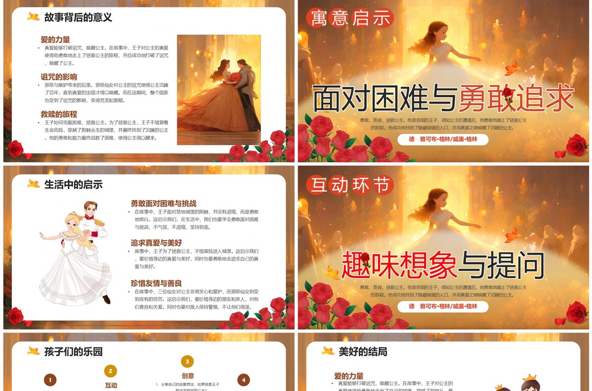 黄色卡通风格林童话睡美人PPT模板