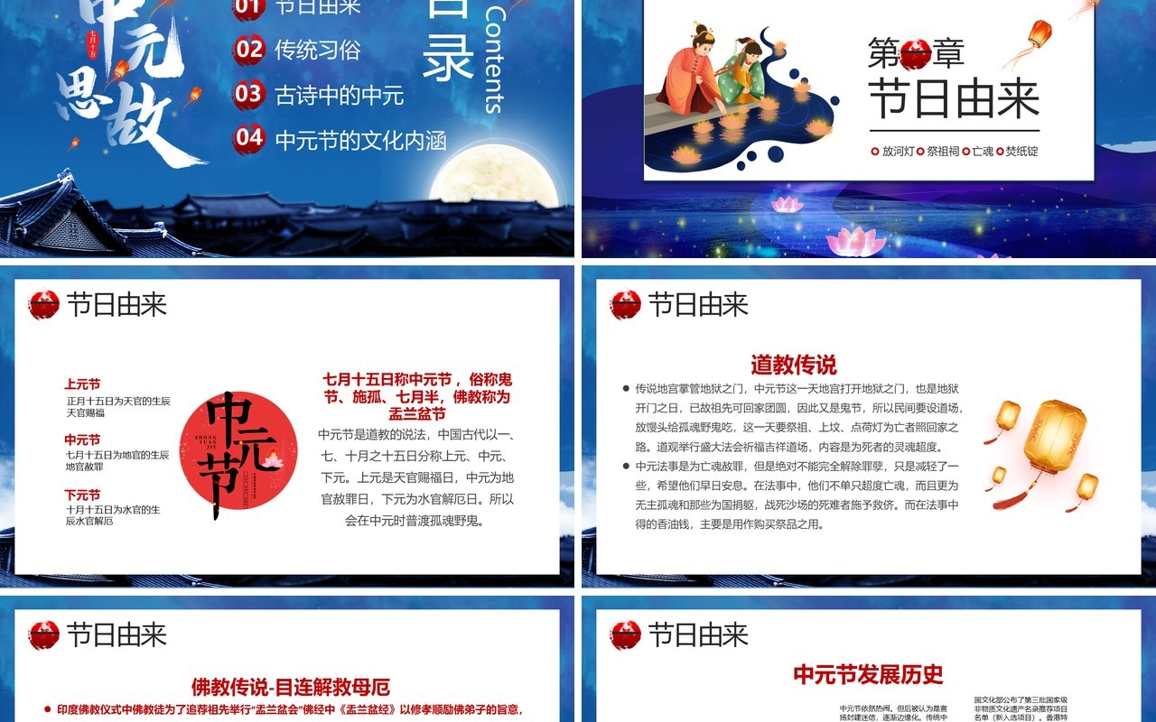 蓝色古风中国传统节日之中元节介绍PPT模板