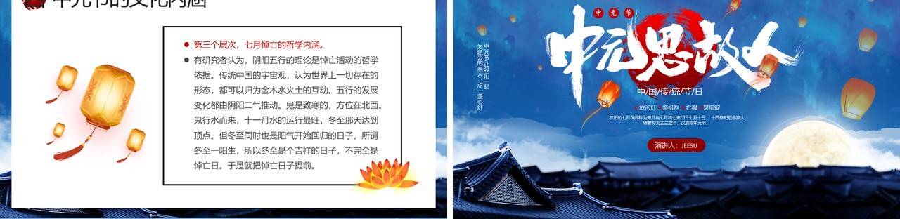 蓝色古风中国传统节日之中元节介绍PPT模板