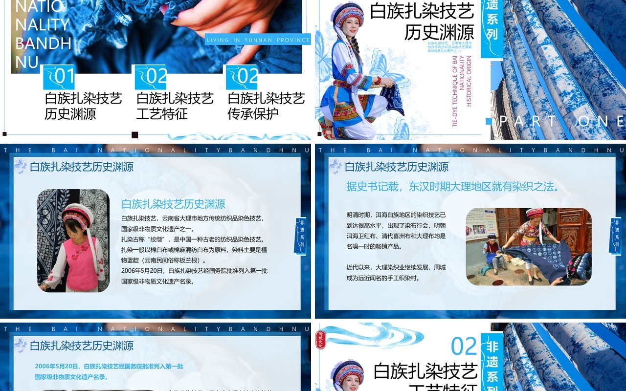 蓝色简约风非遗系列之白族扎染技艺PPT模板