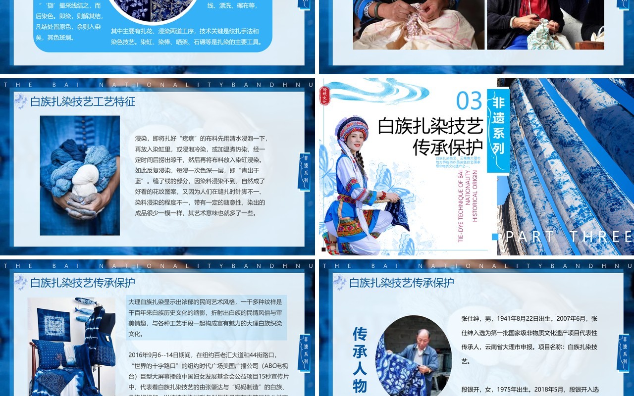 蓝色简约风非遗系列之白族扎染技艺PPT模板