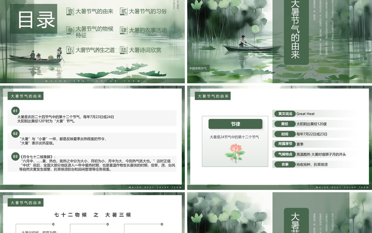 绿色插画风二十四节气之大暑PPT模板