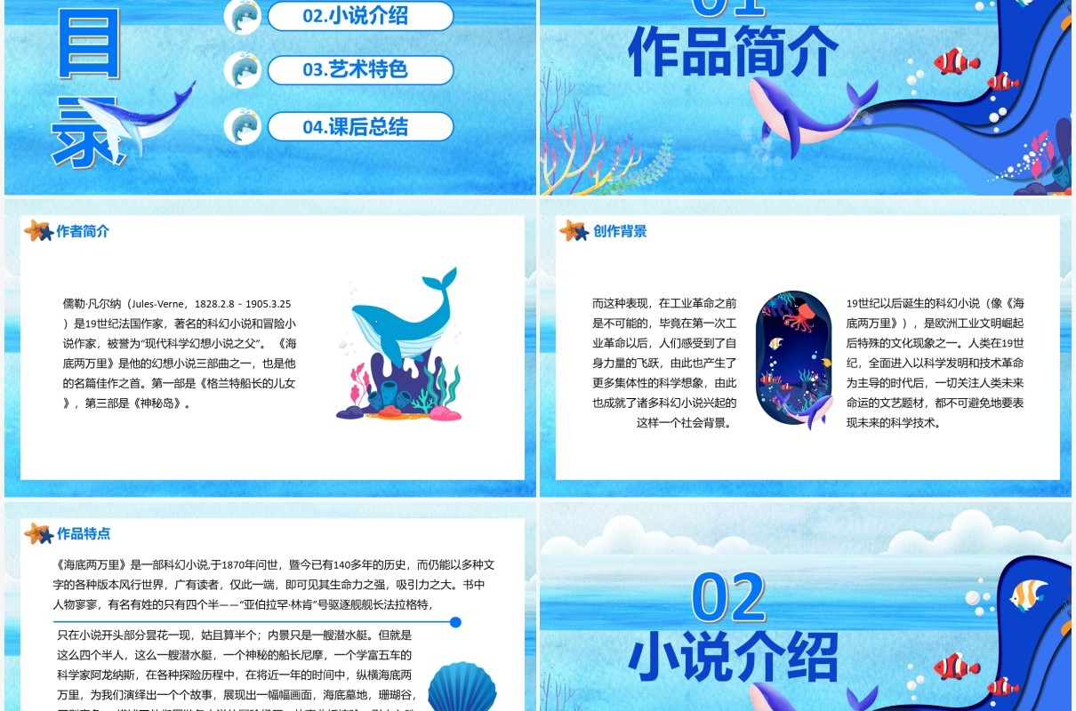 蓝色卡通风海底两万里科幻小说PPT模板