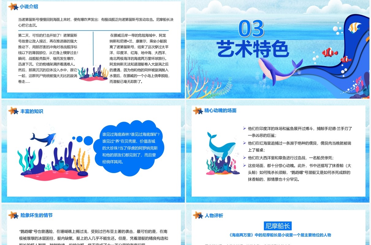 蓝色卡通风海底两万里科幻小说PPT模板
