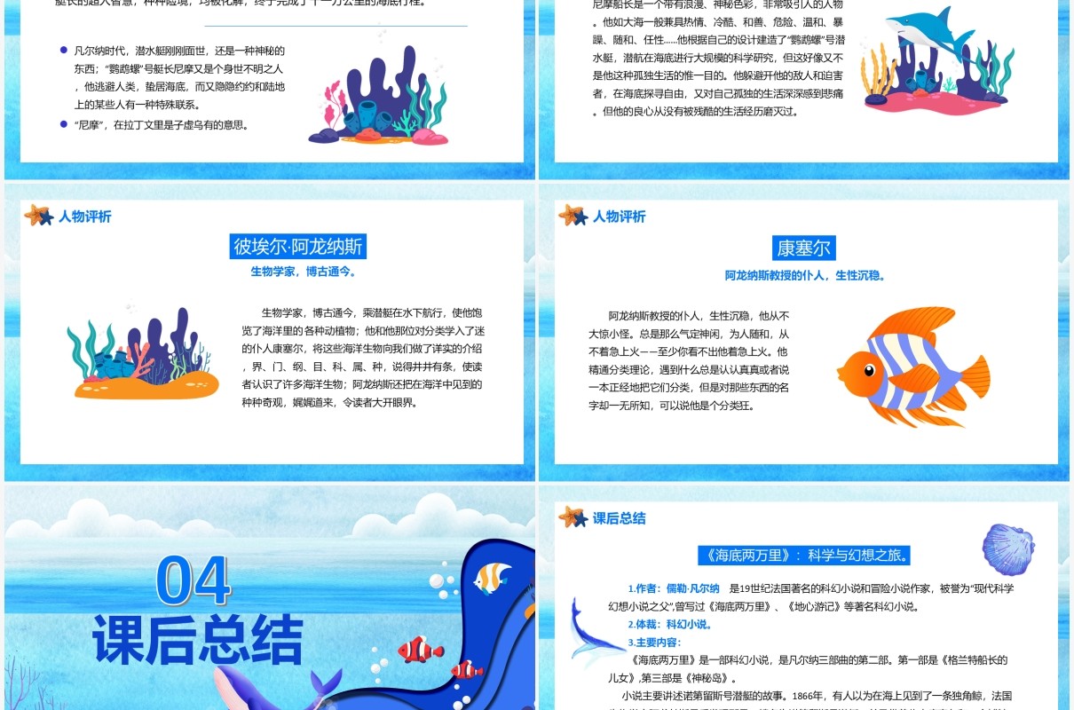 蓝色卡通风海底两万里科幻小说PPT模板