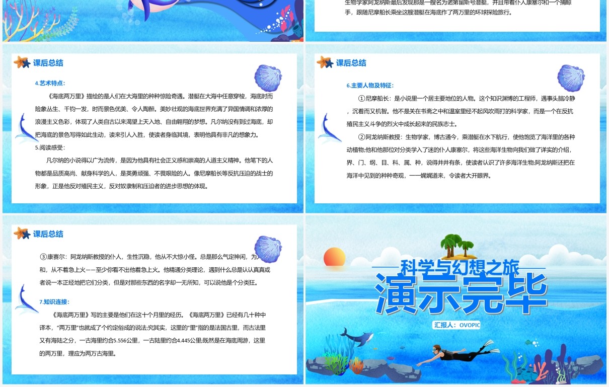 蓝色卡通风海底两万里科幻小说PPT模板
