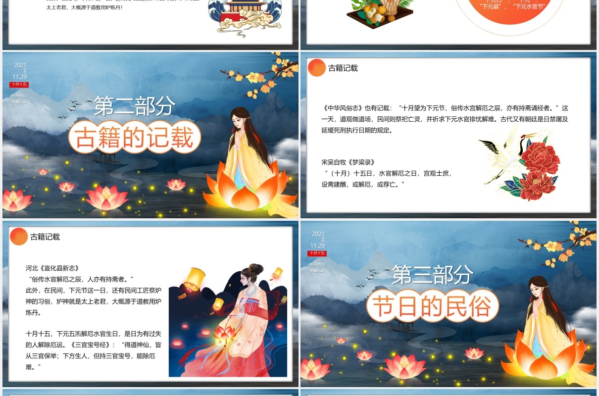 卡通风下元节节日介绍祭奠祖先缅怀先人PPT宣传模板