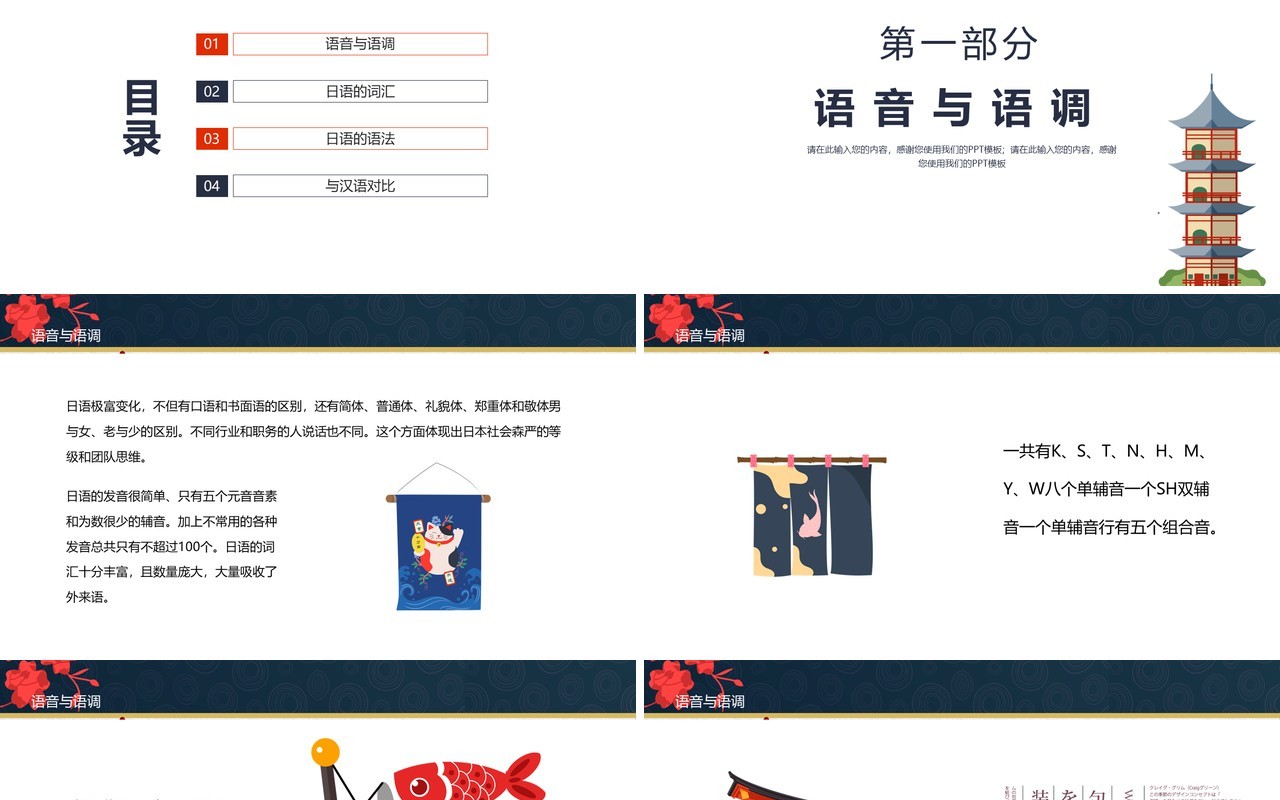 深蓝色日语介绍语言教学PPT模板