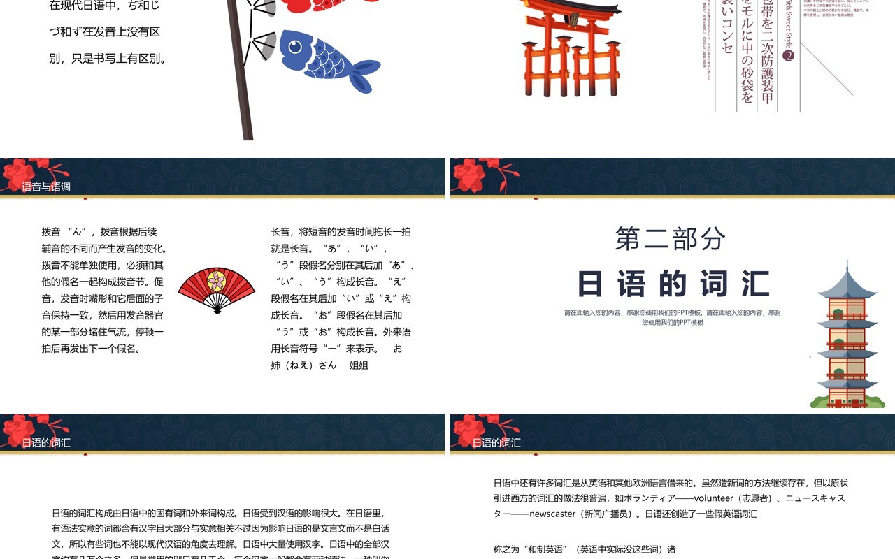 深蓝色日语介绍语言教学PPT模板