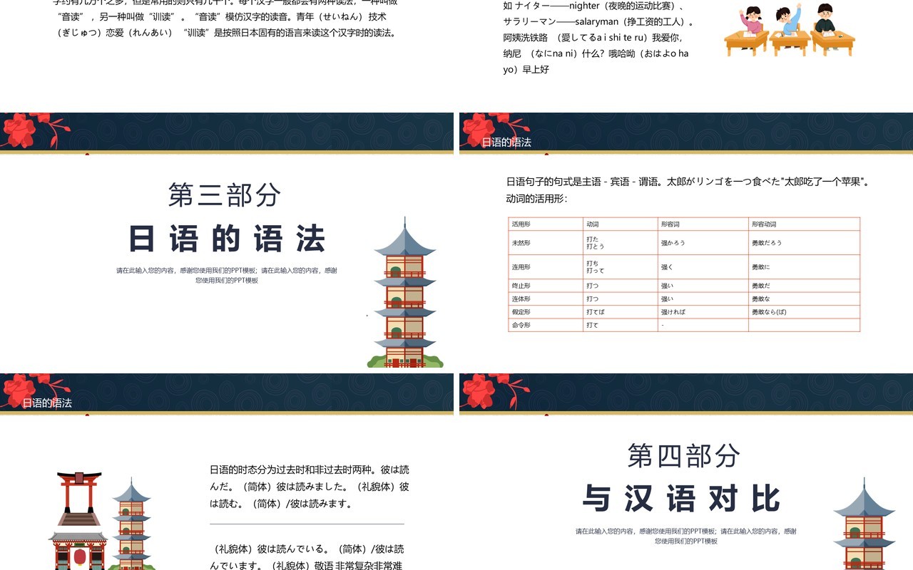 深蓝色日语介绍语言教学PPT模板