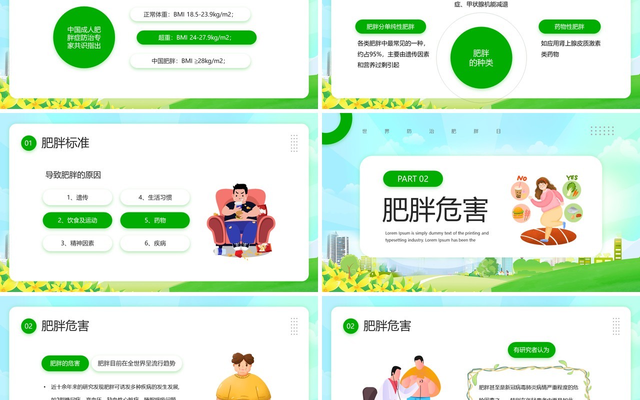 绿色卡通风世界防治肥胖日PPT模板