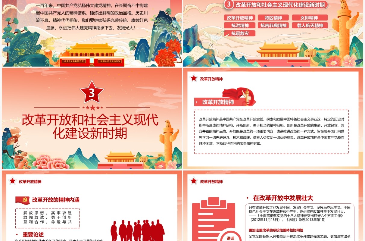 红色中国风中国精神谱系PPT模板