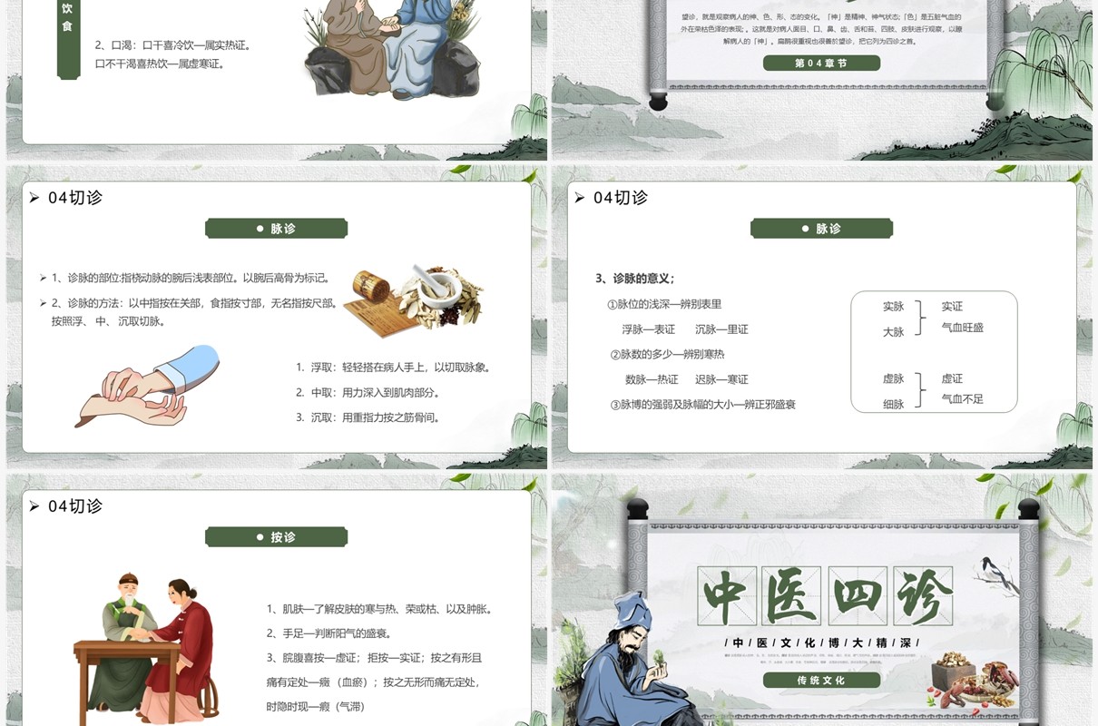 绿色中国风传统文化中医四诊望闻问切PPT模板