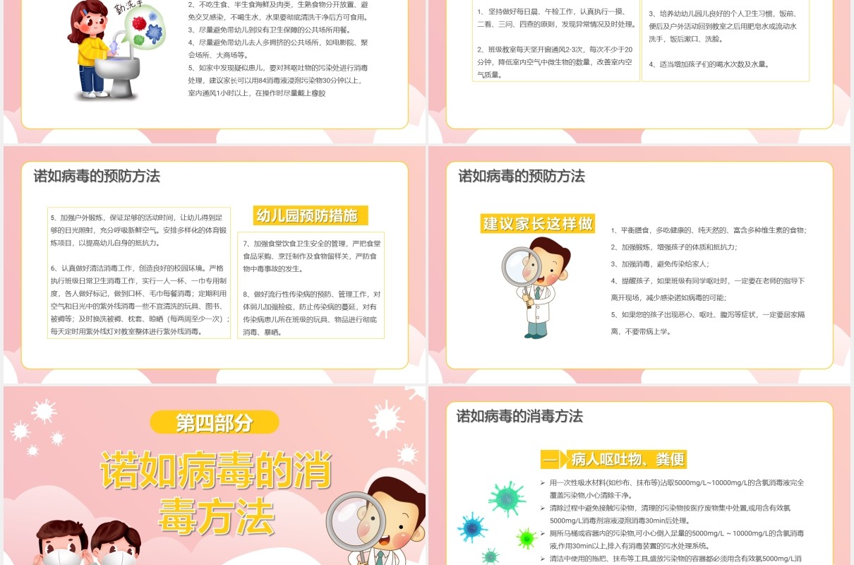 粉色卡通风幼儿园预防防控诺如病毒课件通用PPT模板