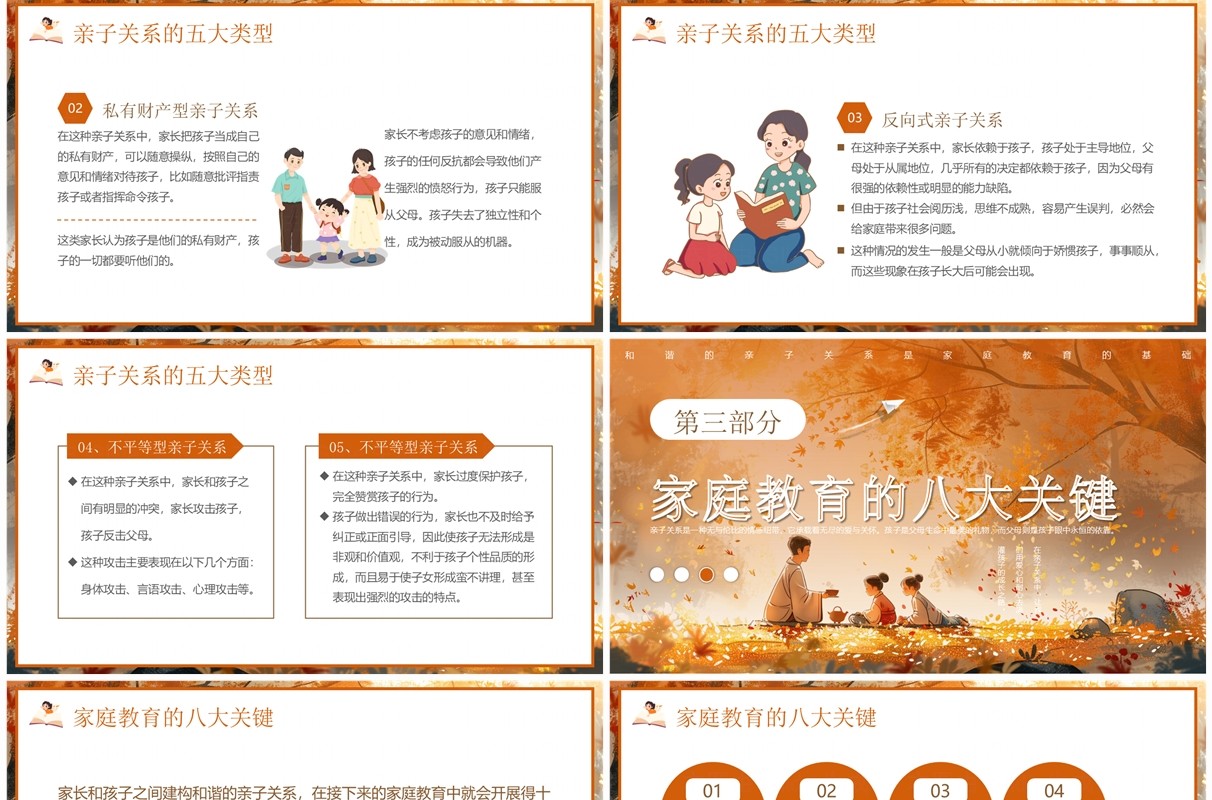 棕色插画风做好家庭教育和谐亲子关系PPT模板