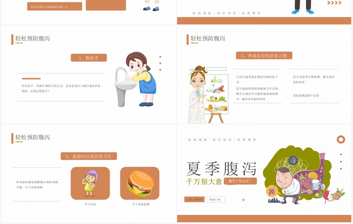 黄色卡通风夏季腹泻知识介绍PPT模板