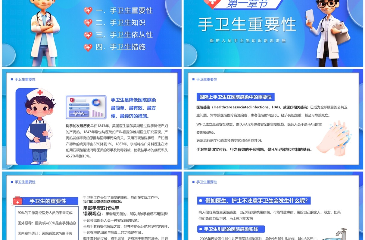 蓝色卡通风医务人员手卫生知识培训PPT模板