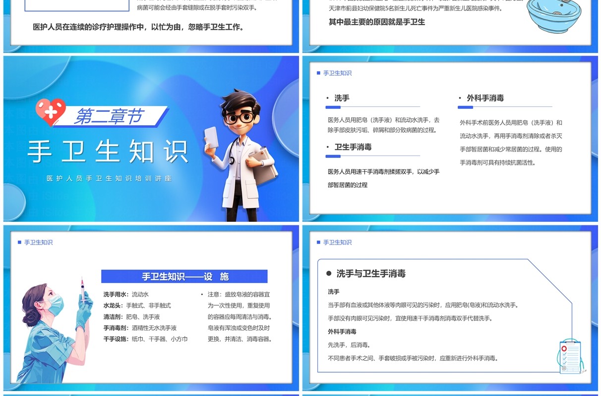 蓝色卡通风医务人员手卫生知识培训PPT模板