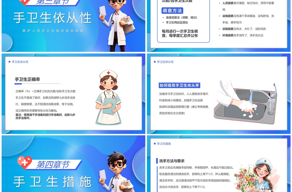 蓝色卡通风医务人员手卫生知识培训PPT模板
