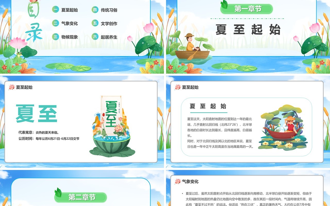 蓝色卡通风二十四节气之夏至PPT模板