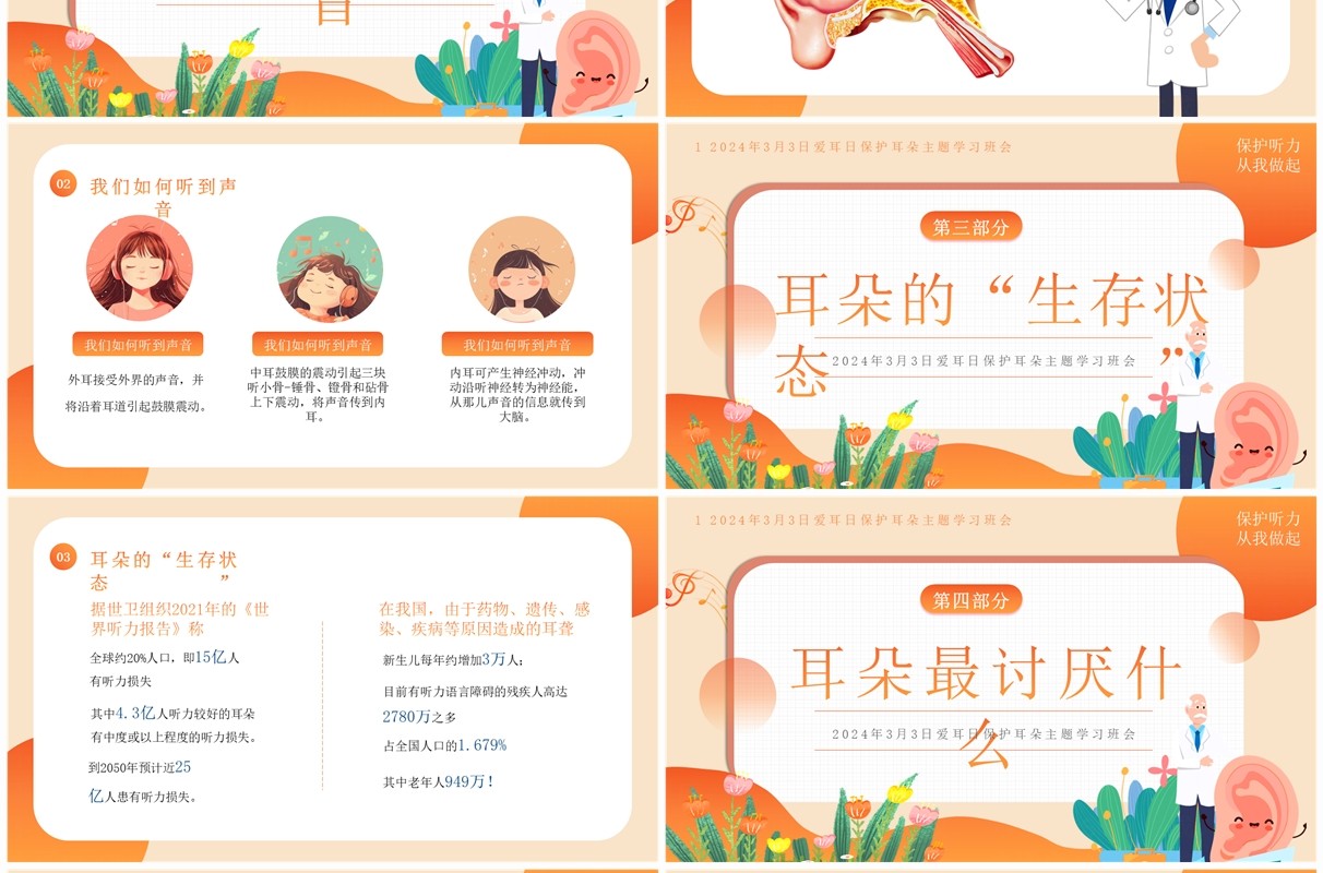 橙色卡通风全国爱耳日知识教育PPT模板