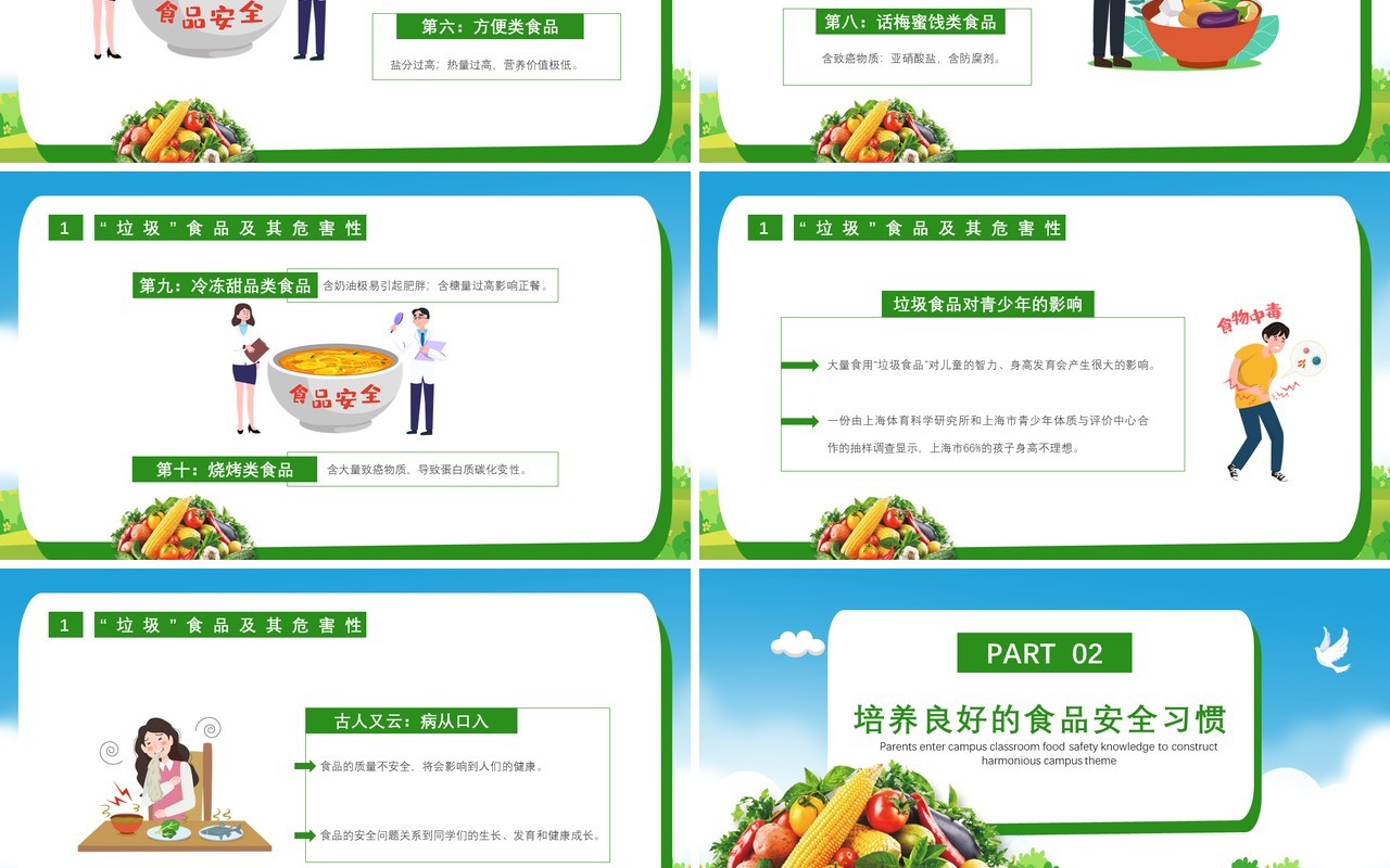 绿色关注食品安全共筑和谐校园家长走进校园课堂食品安全知识主题课件PPT模板