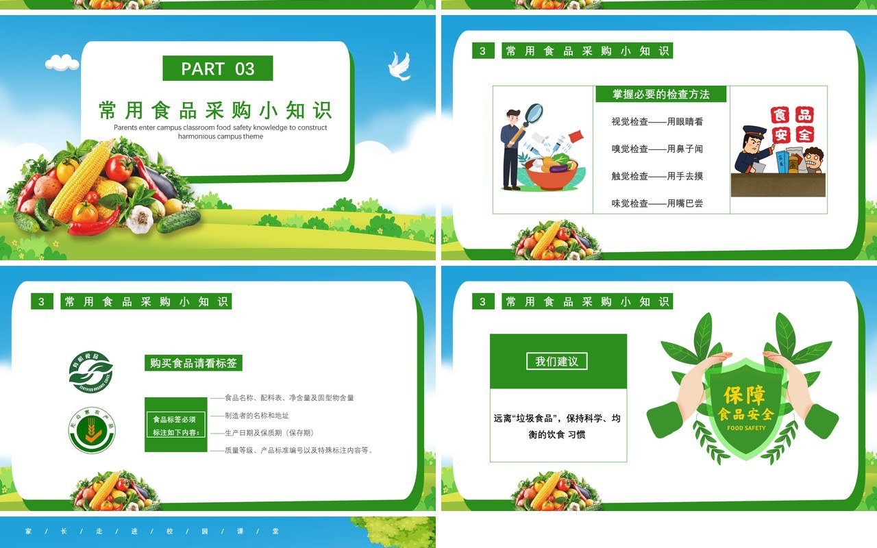 绿色关注食品安全共筑和谐校园家长走进校园课堂食品安全知识主题课件PPT模板