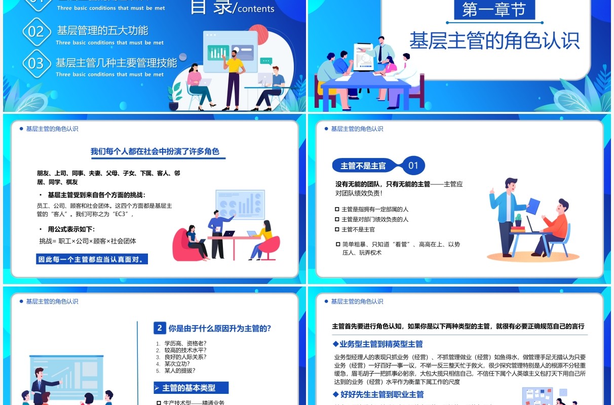 蓝色扁平风公司管理基层干部的角色认识和能力提升培训PPT模板
