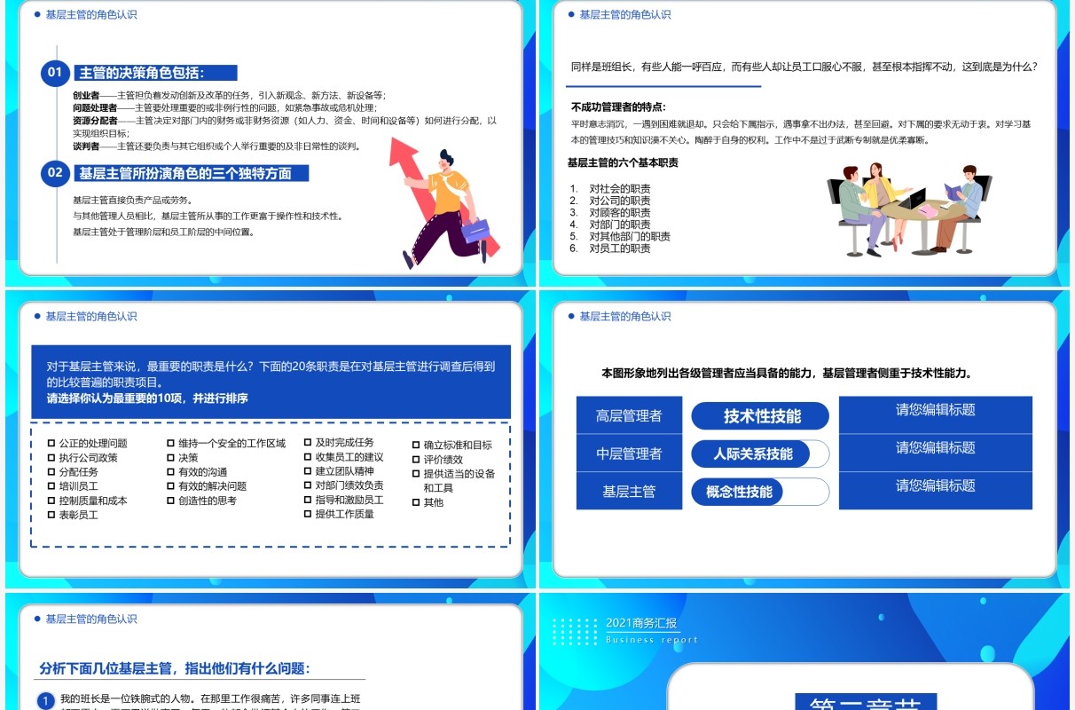 蓝色扁平风公司管理基层干部的角色认识和能力提升培训PPT模板