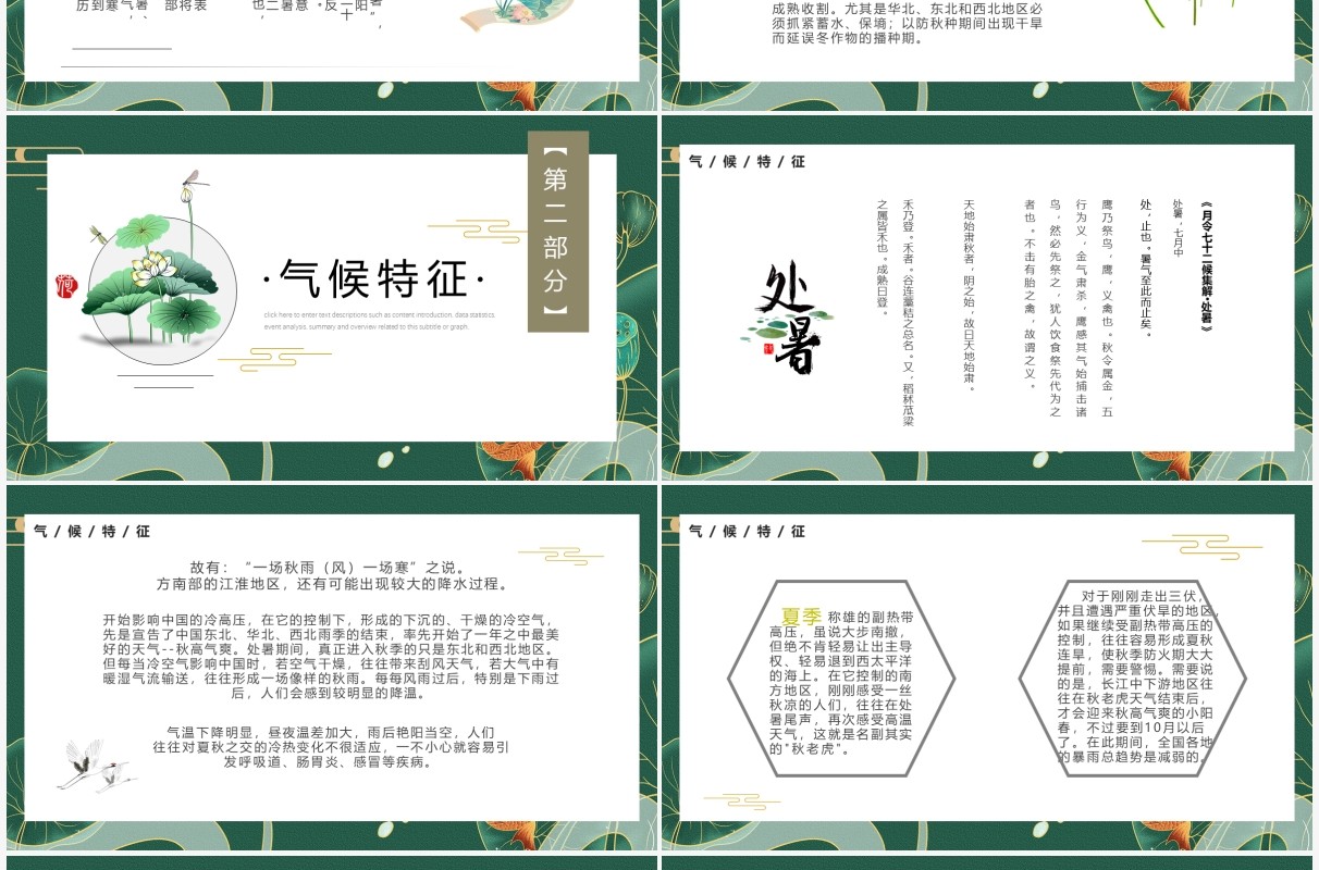 绿色简约风中国传统节日二十四节气处暑介绍PPT模板