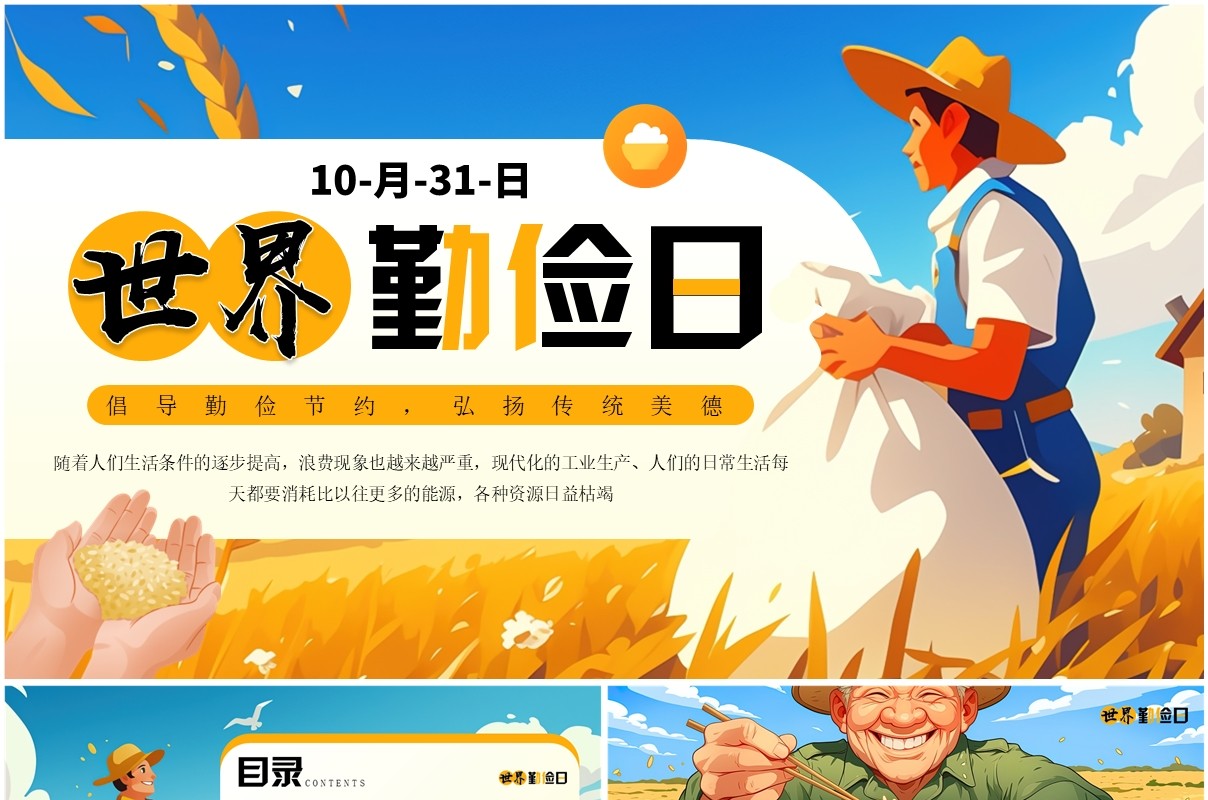 黄色插画风世界勤俭日介绍PPT模板