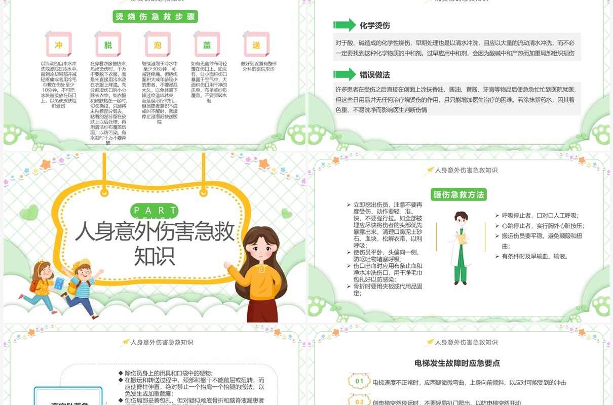 绿色卡通风学会急救知识守护生命安全小学急救知识培训课件PPT模板