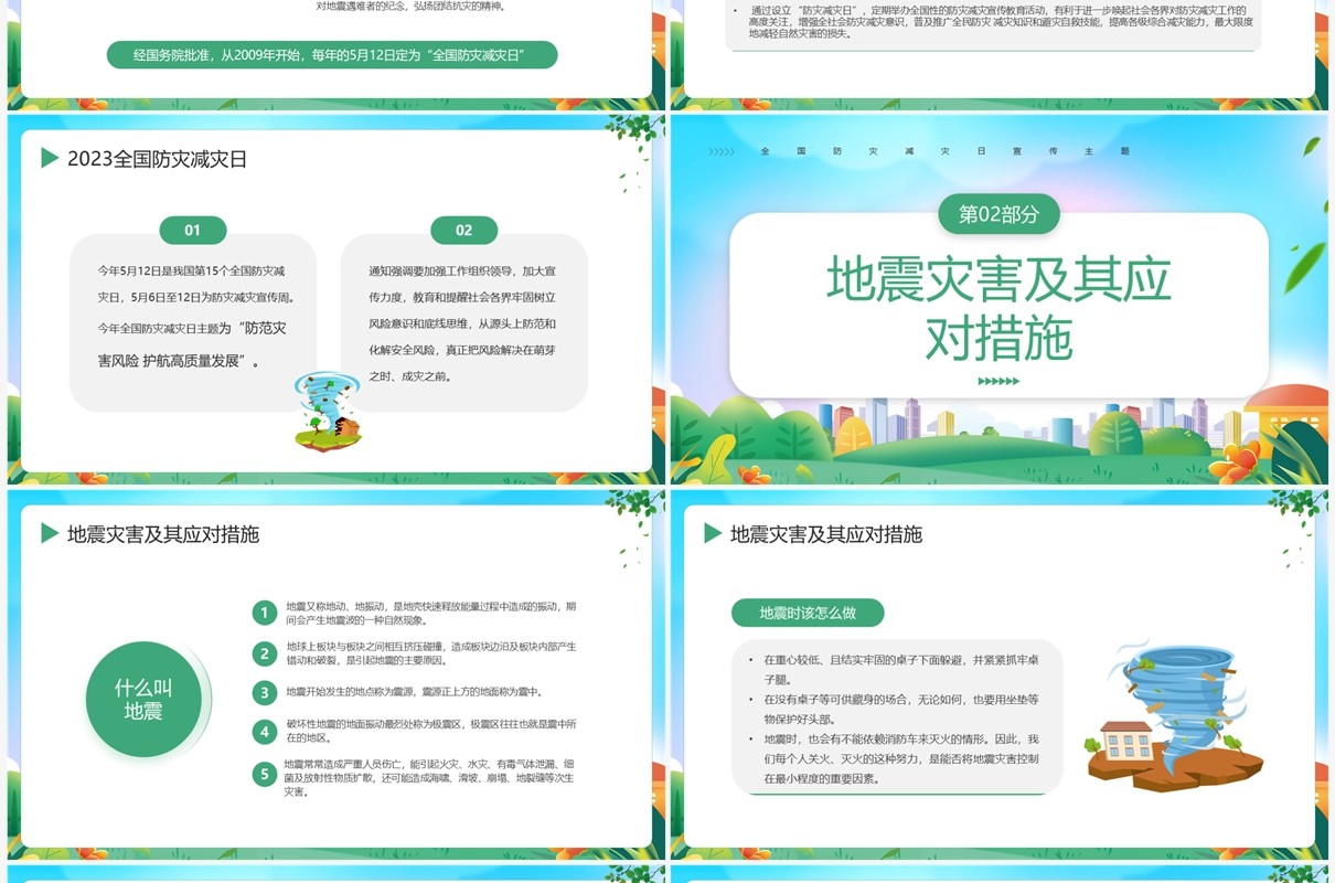 绿色简约风全国防灾减灾日宣传PPT模板