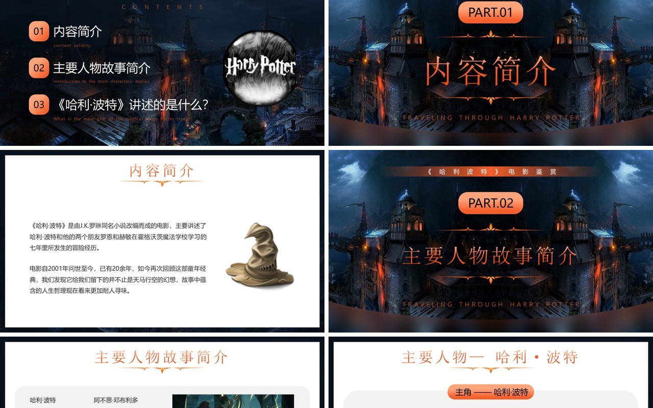 橙色卡通风穿越哈利波特魔法世界PPT模板