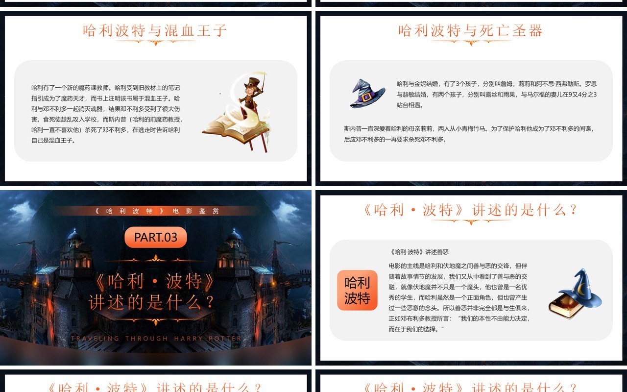 橙色卡通风穿越哈利波特魔法世界PPT模板