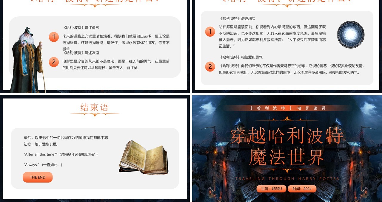 橙色卡通风穿越哈利波特魔法世界PPT模板