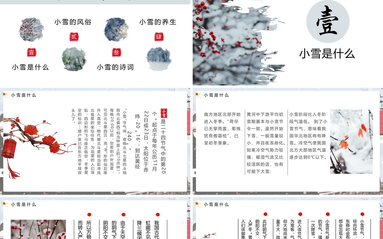 淡雅中国风传统二十四节气之小雪介绍PPT模板