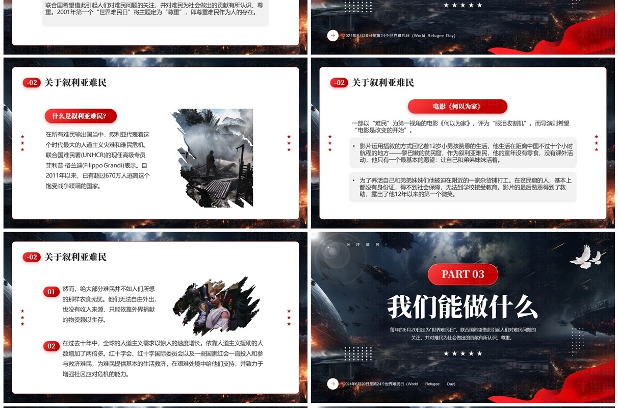 红色简约风世界难民日宣传介绍PPT模板