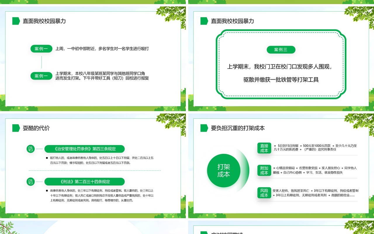 绿色卡通风拒绝校园暴力PPT模板