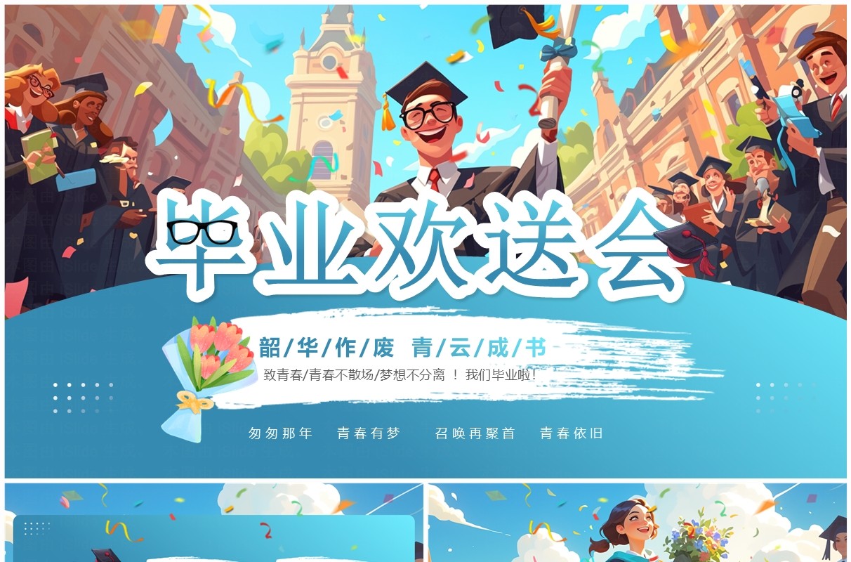蓝色插画风毕业欢送会PPT模板