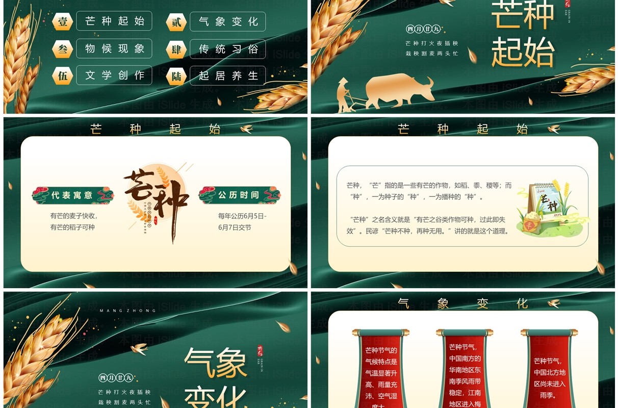 绿色中国风传统二十四节气之芒种PPT模板
